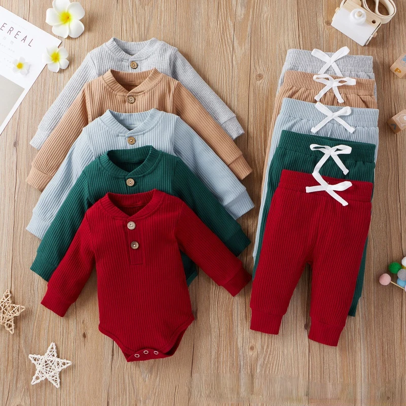 

Baby Clothes Knitted Ribbed Solid Color Clothing Sets 2pcs Breasted Full Sleeved Romper + Pants Spring Autumn Children Outerwear