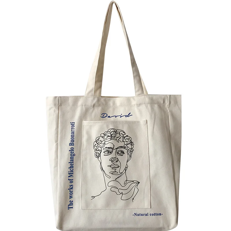 

Women Canvas Shoulder Bag David Line Print Vintage Shopping Bags Student Books Shopper Bag Cotton Cloth Handbags Tote for Girls