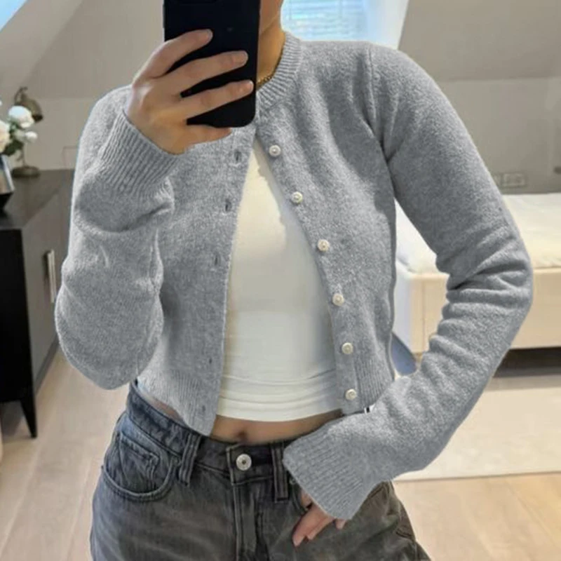 CIBBAR Однотонный Кардиган На Пуговицах Y2K Винтажный Женский Свитер С Длинными