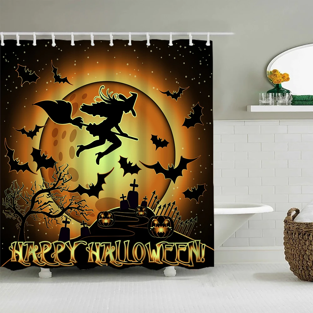 

Halloween Shower Curtains Pumpkin Lantern Bathroom Curtain Waterproof Fabric Shower Curtains with Hooks for Halloween Decor