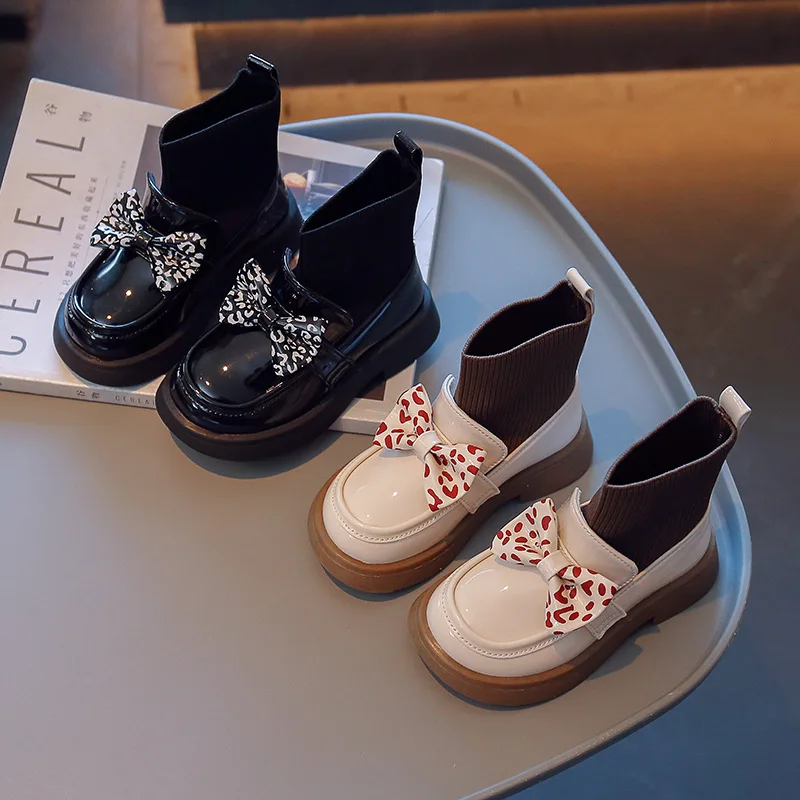 

Fashion Autumn 2023 Winter Leather Boots New Simple Shoes Casual Girls Bow Leopard Kids Boots Black Children's