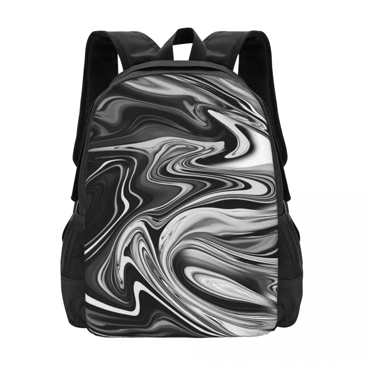 

Elegant Marble Backpack Unisex Black White Liquid Big Backpacks Polyester Aesthetic School Bags Trekking Designer Rucksack