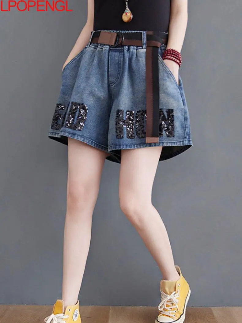 

Женские джинсовые шорты, тонкие свободные офисные шорты в Корейском стиле с мягкими буквенными блестками и широкими штанинами, Синяя Женск...