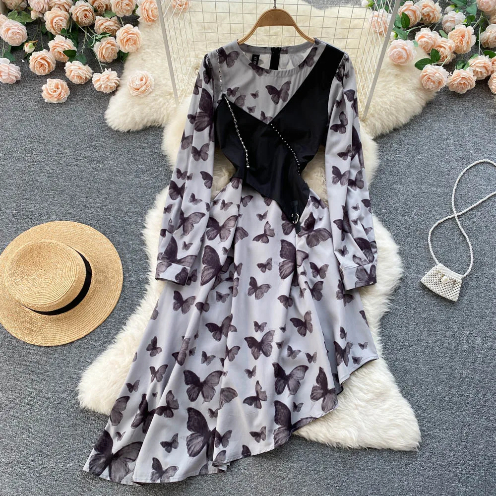 

Женское асимметричное платье в стиле ретро, повседневное свободное платье с круглым вырезом, принтом бабочки и длинным рукавом, E138, весна-ос...
