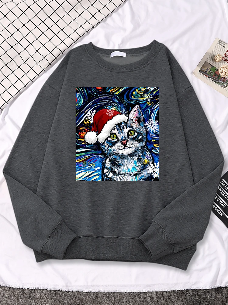 

Женские толстовки с принтом в виде котенка и Санты, простые удобные уличные универсальные математические пуловеры с длинными рукавами, Теп...