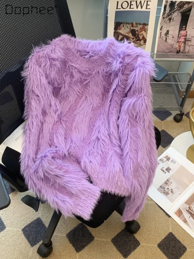 

Women's Outer Wear Warm Wool Knitted Sweater 2023 Fall and Winter New Korean Style Long Sleeve Furry Mink Fur Coat Sueter Mujer