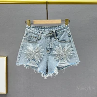 diamond beaded denim shorts womens fashionable 2022 summer new high waist ripped wide legged hot pants femme