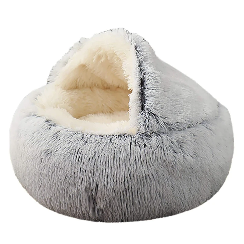 

Pet Bed- Round Soft Plush Burrowing Cave Hooded Cat Bed For Dogs & Cats, Self Warming Indoor Sleeping Bed Grey 19.7 Inch
