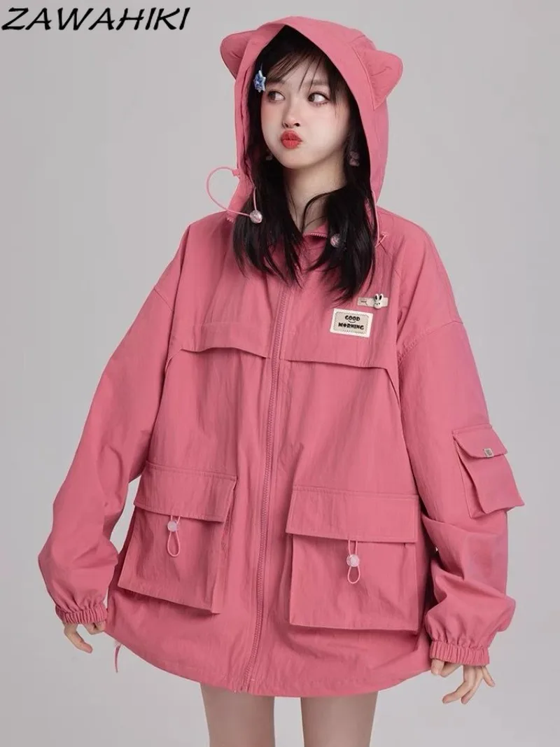 

Zawhiki однотонные Свободные повседневные Y2K эстетические новые женские куртки с длинным рукавом милые преппи модные милые кавайные куртки на молнии