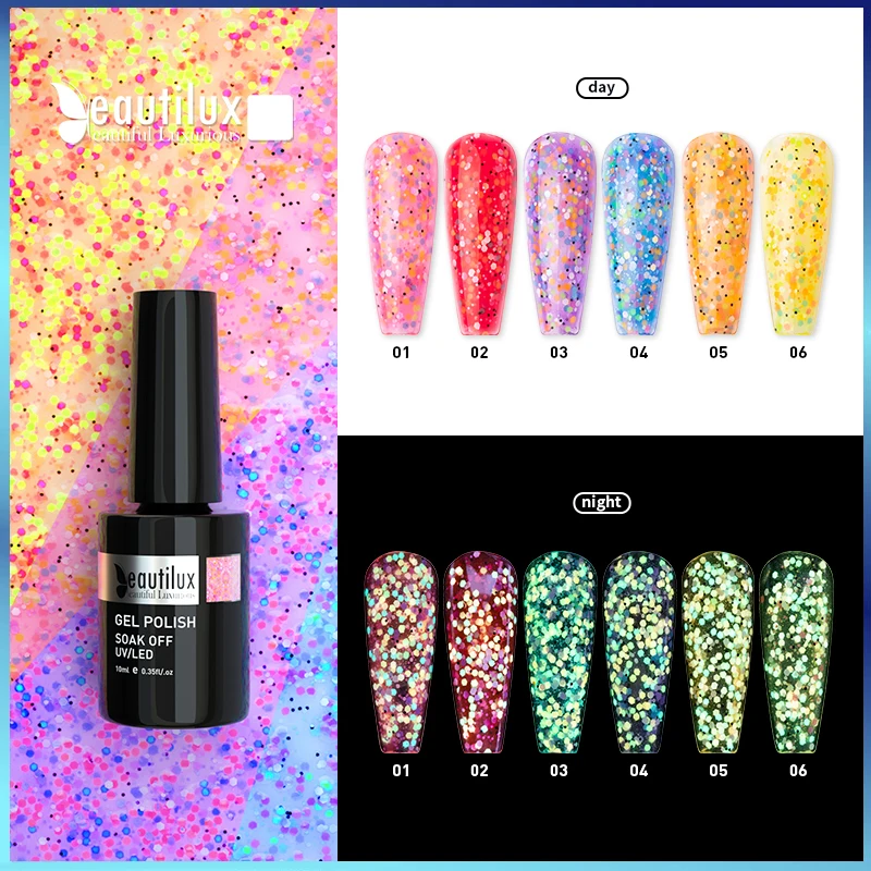 

Beautilux Luminous Firefly Nail Gel Polish Glow in Dark Flourscent Semi Permanent Sequins Nails Gel Laquer Varnish Esmalte 10ml