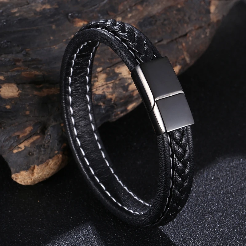 

Simple Leather Bracelet Men Jewelry Casual Retro Braided Punk Bangle Magnetic Clasp Men's WristBand Women Party Gifts BB1281
