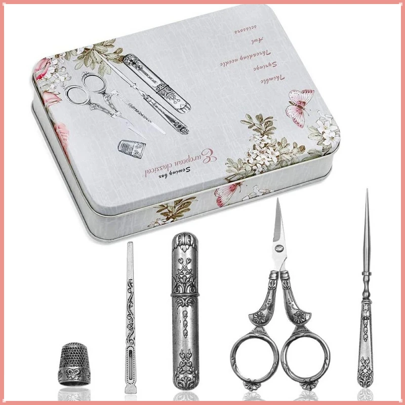 

1 Set Exquisite Vintage Sewing Kit Embroidery Scissors Kit Iron Box Storage Sewing Tool with Embroidery Scissors for Needlework