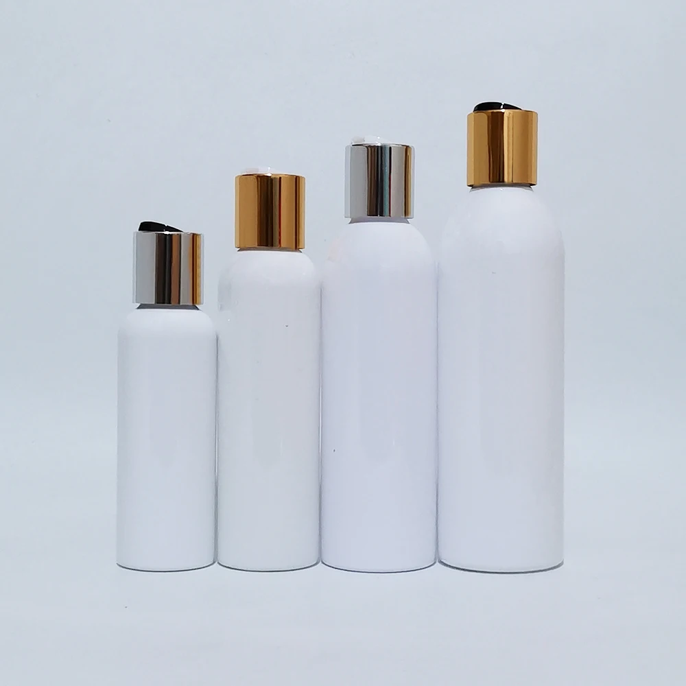 

30pc 100ml 150ml 200ml 250ml Gold Silver Disc top Cap white Empty Plastic Bottle Shower Gel Liquid soap container Shampoo bottle