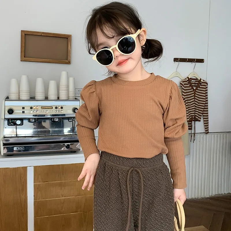 

Модная Осенняя рубашка с длинным рукавом для маленьких девочек, топ, рубашка принцессы для детей, однотонные пуловеры для девочек, Повседне...