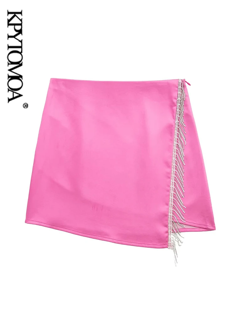 

KPYTOMOA Women Fashion With Rhinestone Fringe Wrap Mini Skirt Vintage High Waist Side Zipper Female Skirts Mujer