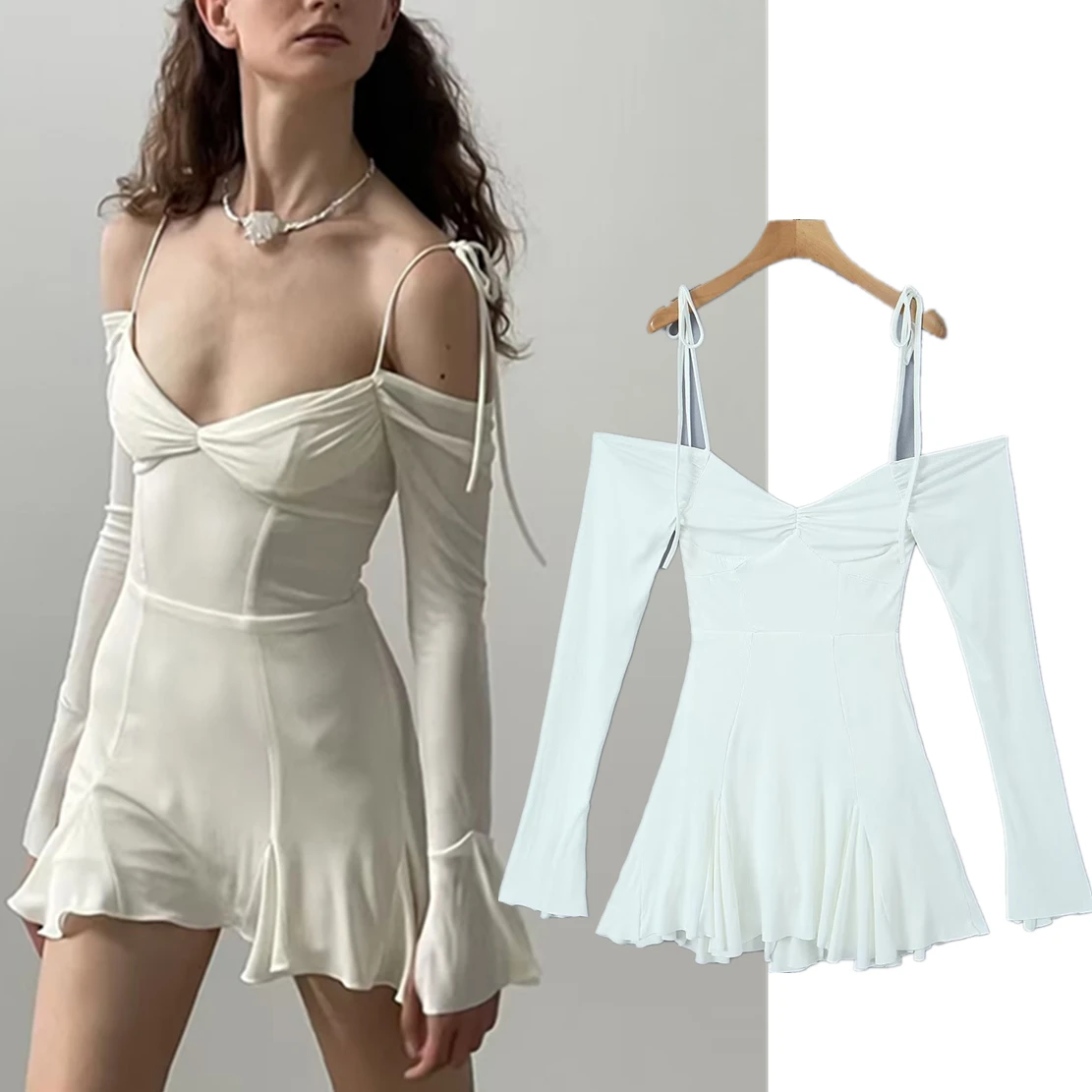 

Jenny&Dave Summer Off Shoulder Sexy Mini Dress Women Ins Fashion Blogger French Vintage Strap Knit Dress
