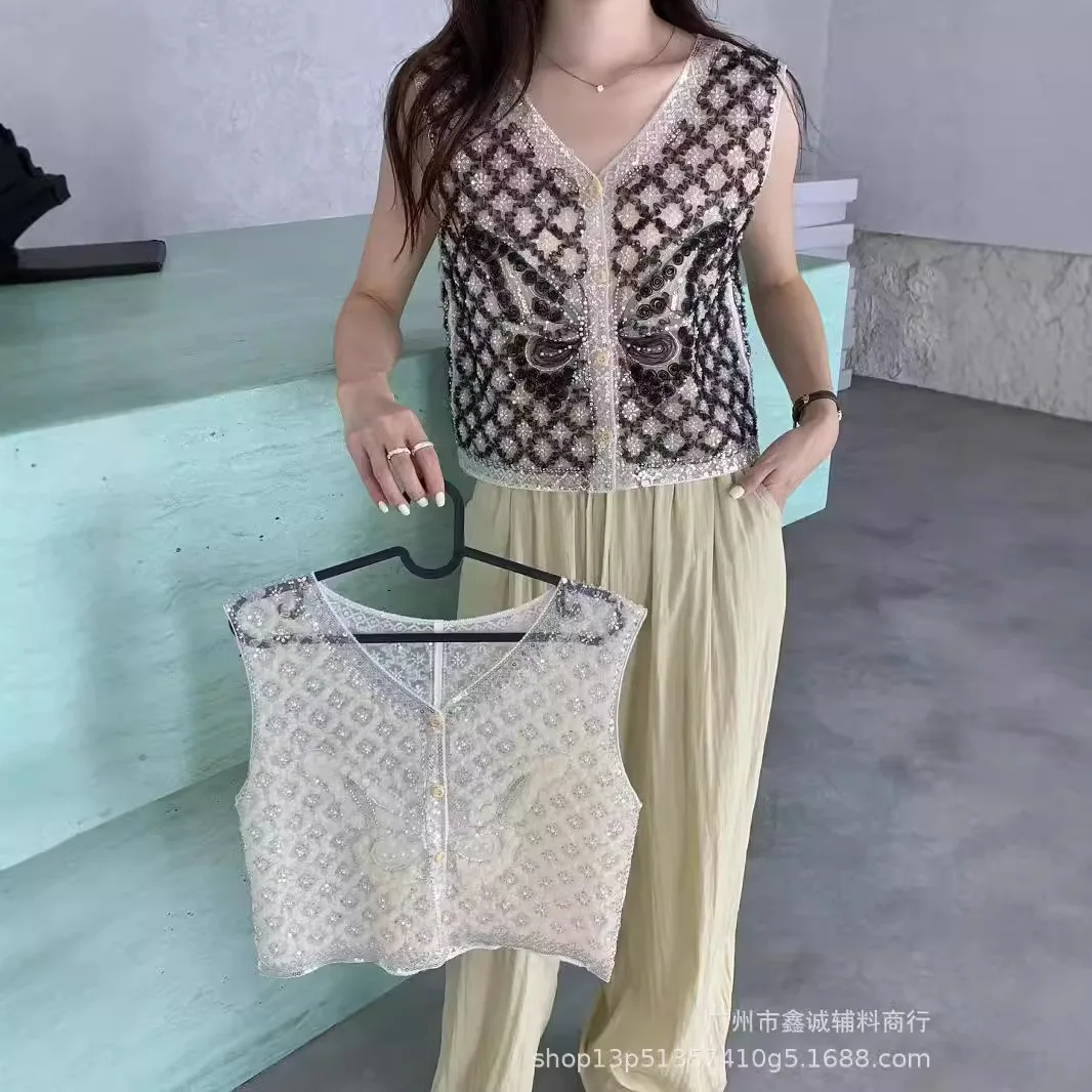 Женская одежда с блестками в новом стиле кружевной жилет V-образным вырезом топ