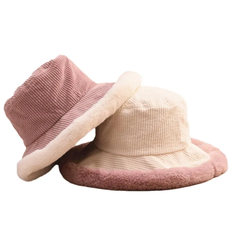 Bucket hat Women Vintage corduroy Splicing plush bucket hats  pink panama winter fashion warm velvet basin hat fishing hats