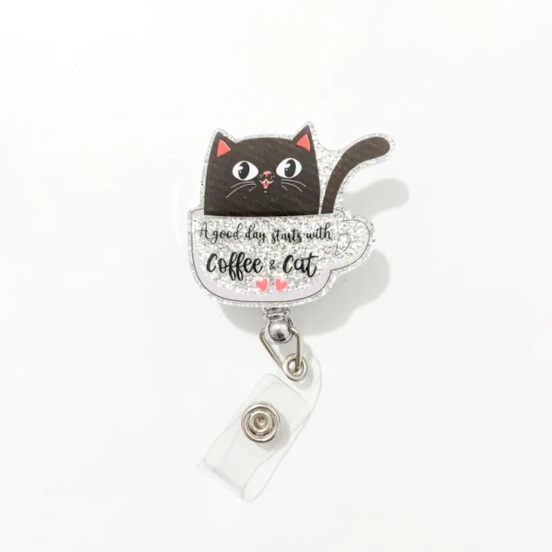 1PC Glitter Acrylic Cat Scan Teacher Coffee “It‘s Fine” Witch Charm Planar Key Chain Stretchable Cute Kitten Jewelry Gifts