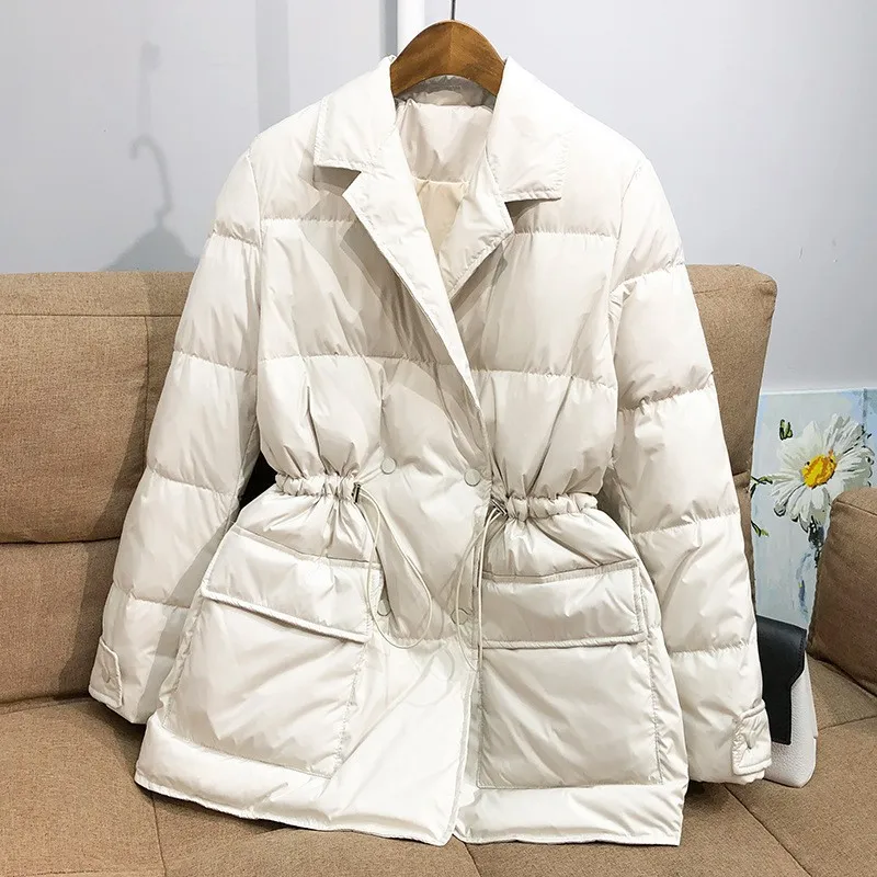 Women's Winter  Jacket Korean Version Thick Waisted Suit Lapel Mid Length White Duck Down Coat