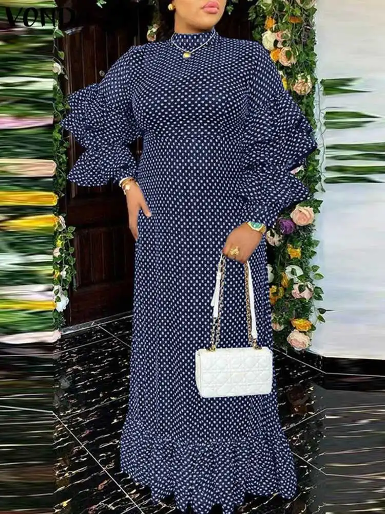 

VONDA Oversized Fashion Stand Neck Pleated Party Sundress Female Polka Dot Printed Maxi Dress Women Long Sleeve Holiday Vestidos