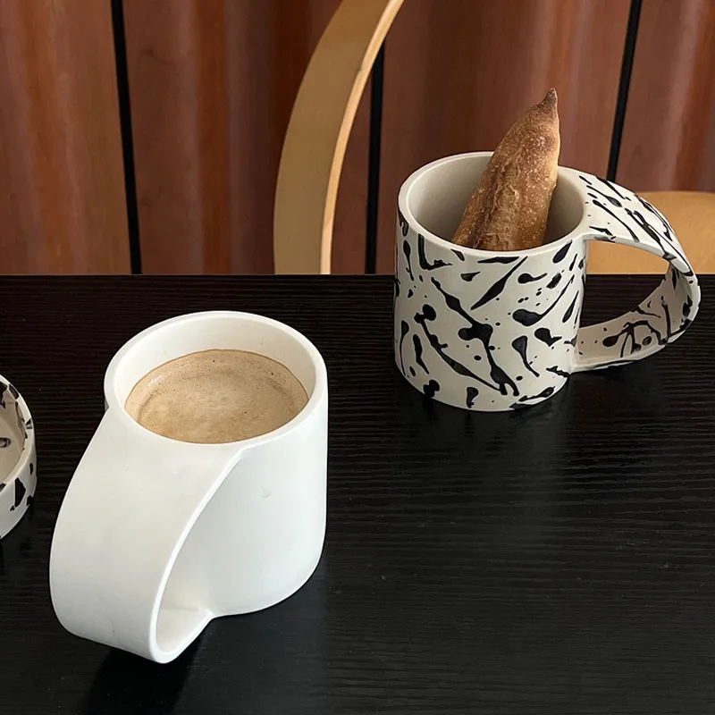 TingKe korean style retro big handle ceramic mug Nordic simple modern household ink dot wide coffee cup water