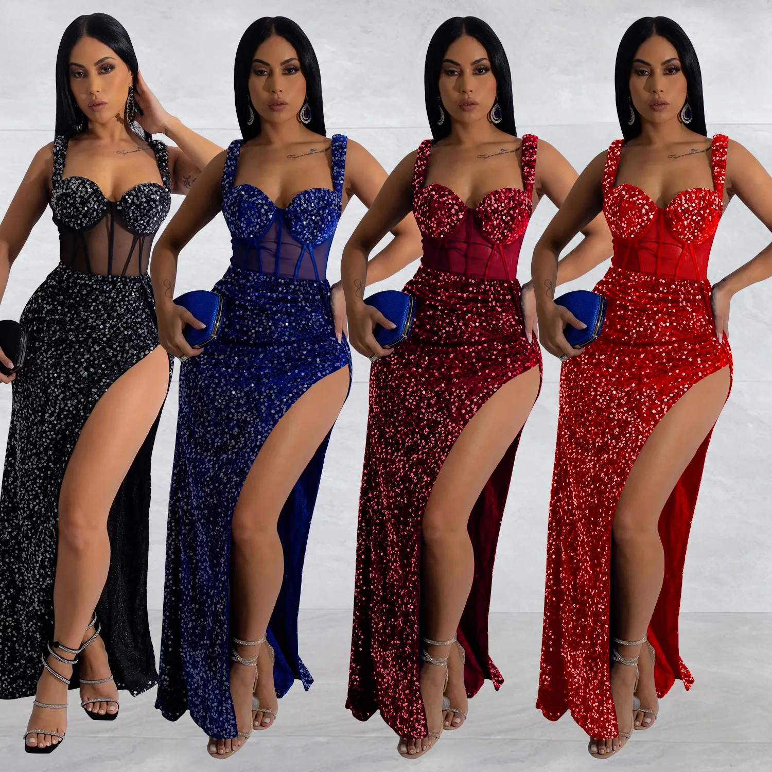 

Женские вечерние платья, элегантные юбки на бретельках, одежда, Клубное платье, блестящее однотонное Сетчатое платье без рукавов с разрезом...