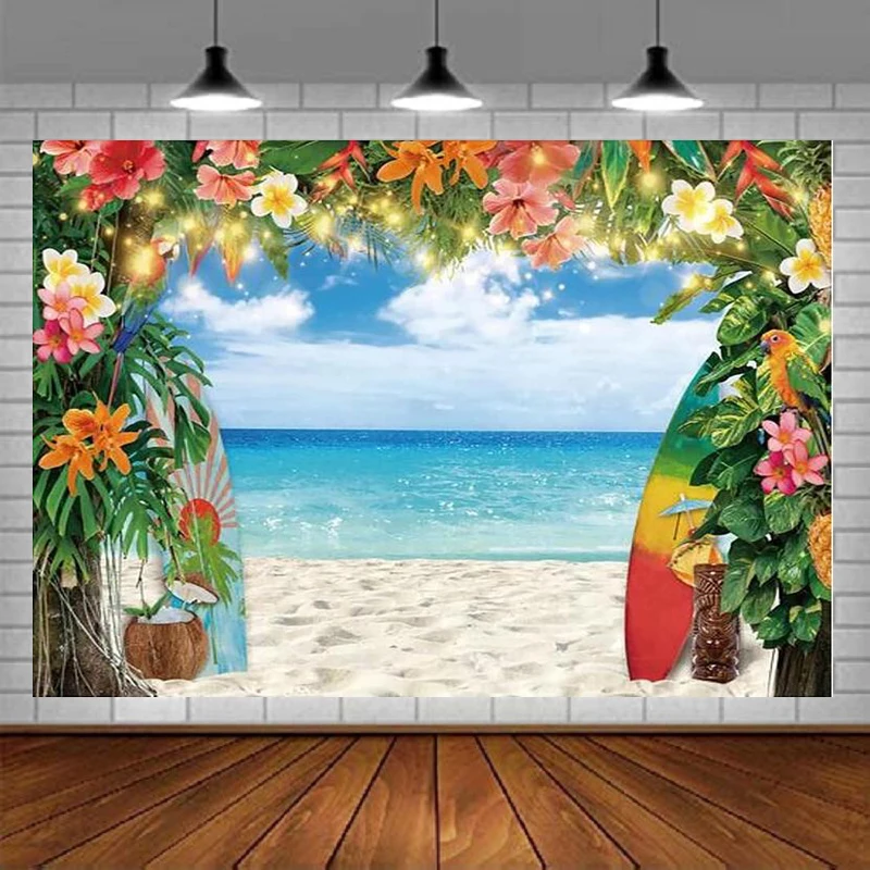 

Summer Hawaiian Beach Photography Backdrop Sky Ocean Tropical Flower Palm Leaves Surfboard Background Aloha Party Luau Decor