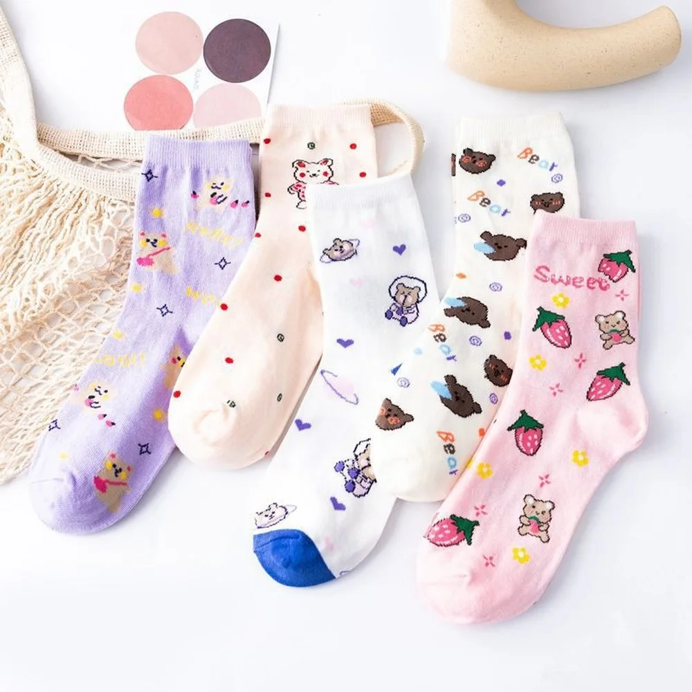 

5 Pairs New Japanese Cute Fashion Jacquard Cartoon Socks for Girl Kawaii Sweet Beauty Women Student Casual Cotton Socks