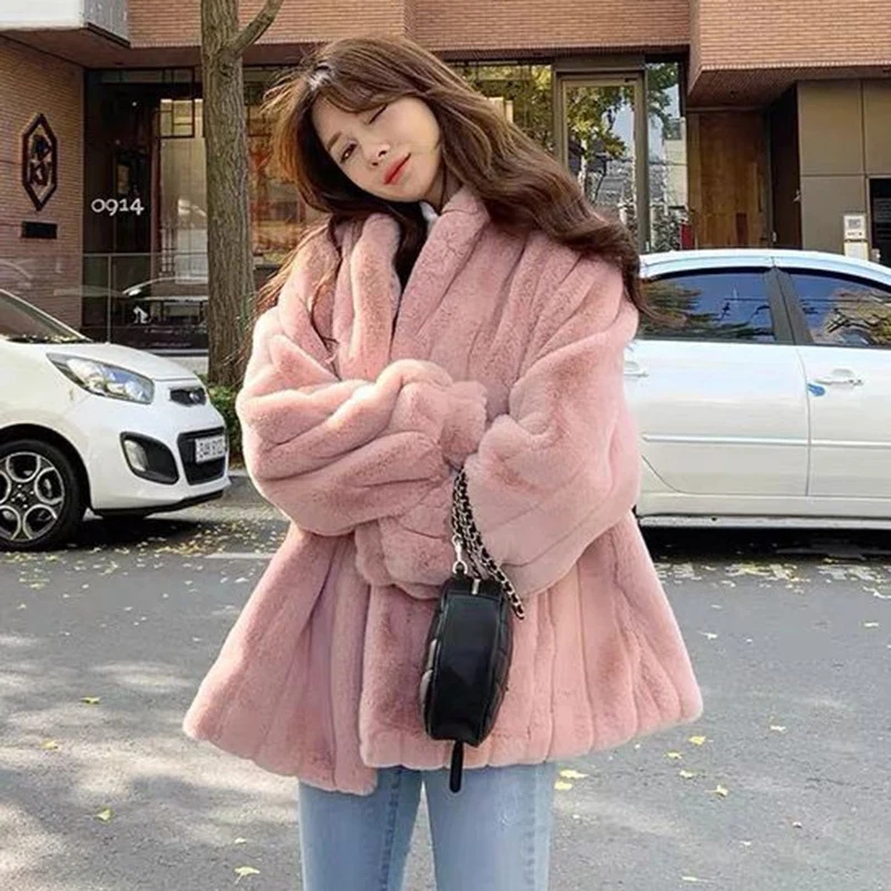 Korean Fashion Winter Warm Plush Jackets Women Faux Fur Single-breasted Outwear Female Loose Fleece Coat