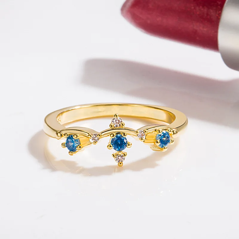 HOYON Korean style diamond-encrusted sea blue zircon ring women's 14k gold color luxury blue crystal index finger ring jewelry