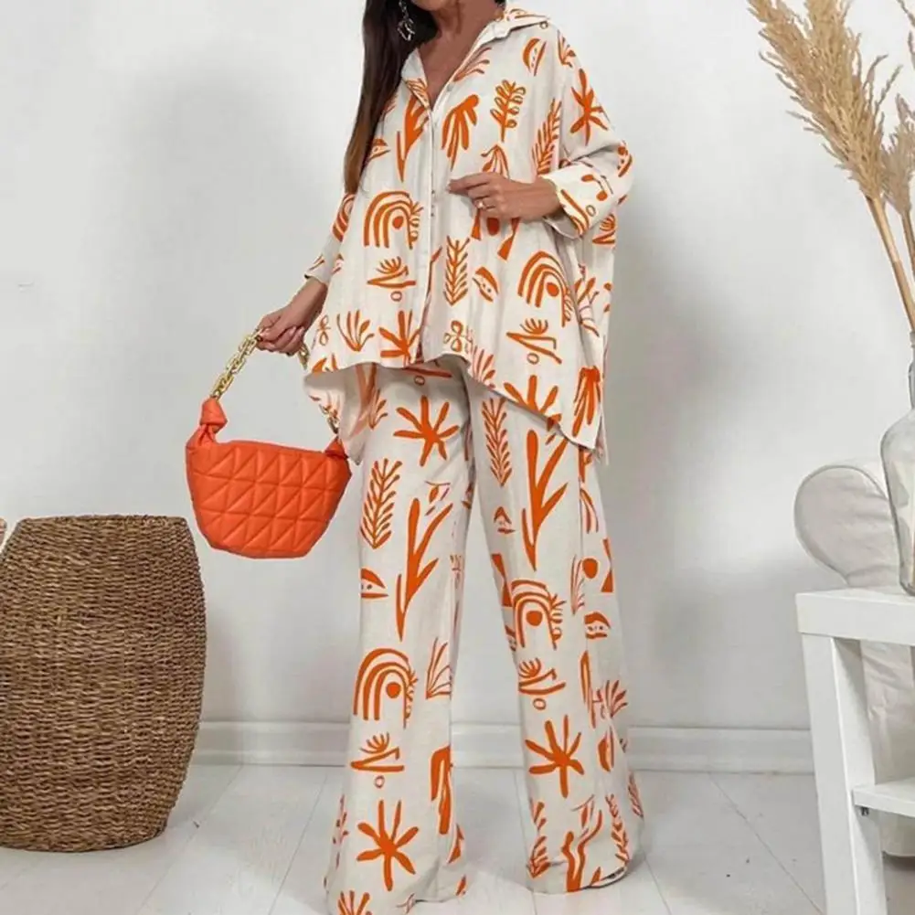 

Comfortable 1 Set Fashion Buttons Floral Shirt Trousers Elasticated Waist Ladies Outfit Long Sleeve for Vacation