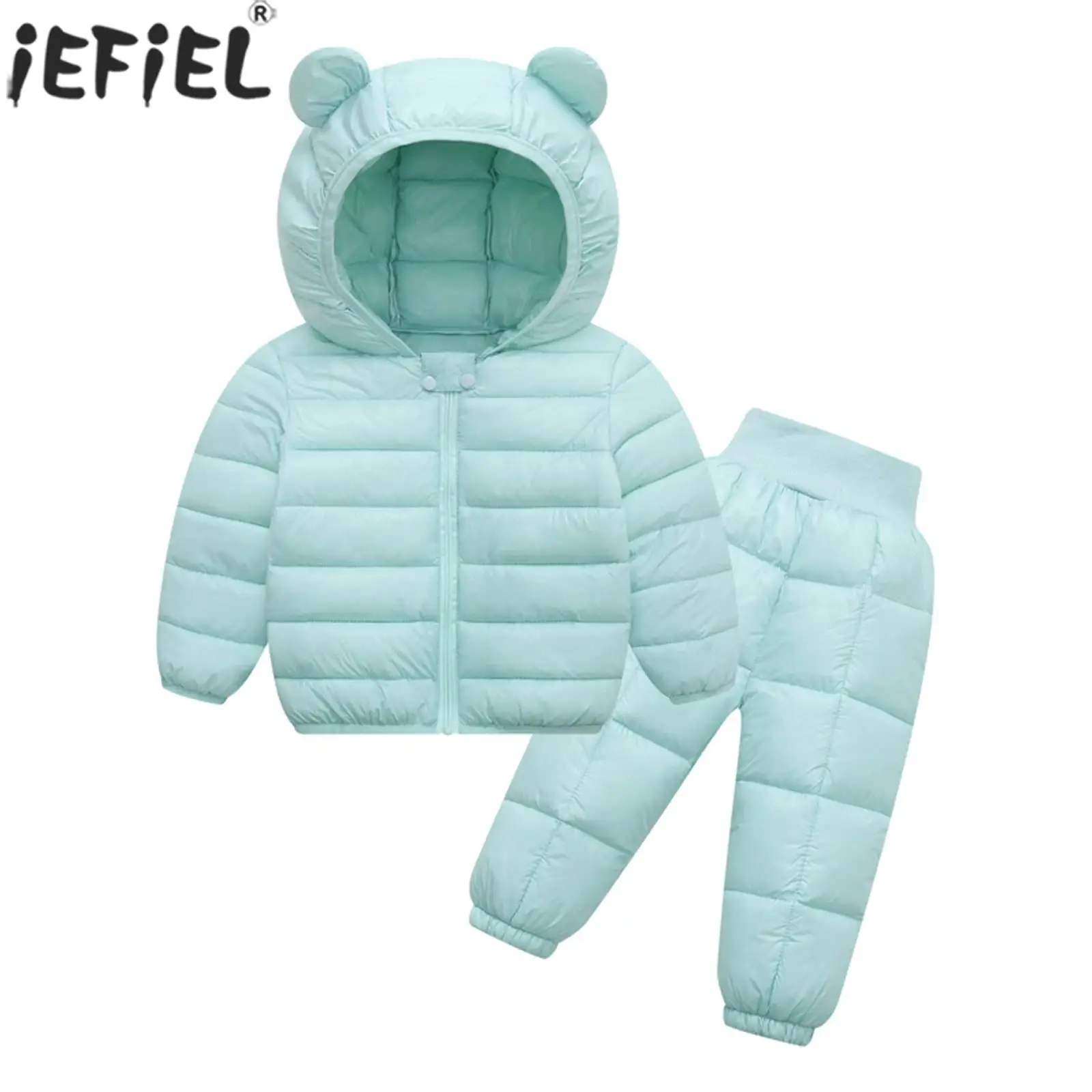

Детский зимний Повседневный теплый комбинезон с длинным рукавом и медвежьими ушками, пуховик с капюшоном и штаны, комплект Школьной повседневной одежды, одежда для отдыха
