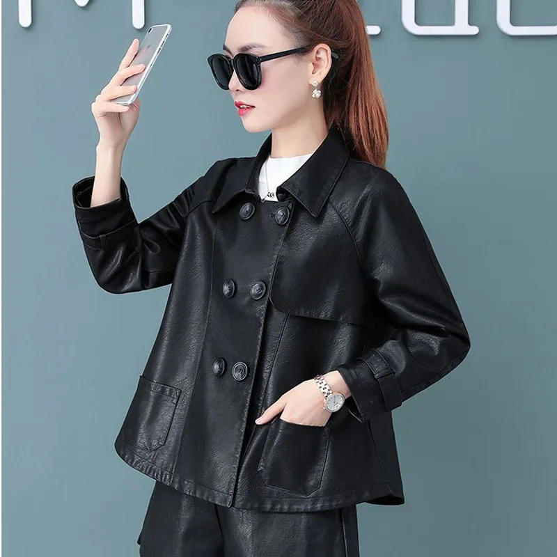 1pcs Womens Short PU Leather Jackets Coat 2022 Autumn New Faux Fur Double-Breasted Splicing Ladies Skinny Locomotive Small Coats