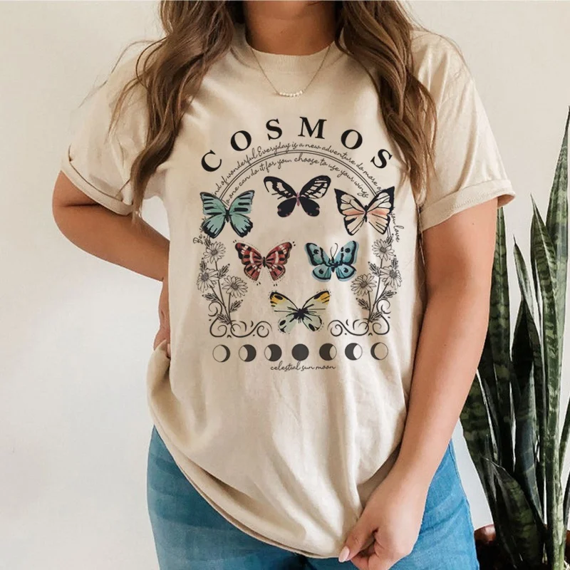 

Kuakuayu HJN Cosmos Butterfly Women Vintage Cotton T-Shirt Hippie Boho Style Mystical Celestial T Shirt Witch Shirt Tops Grunge