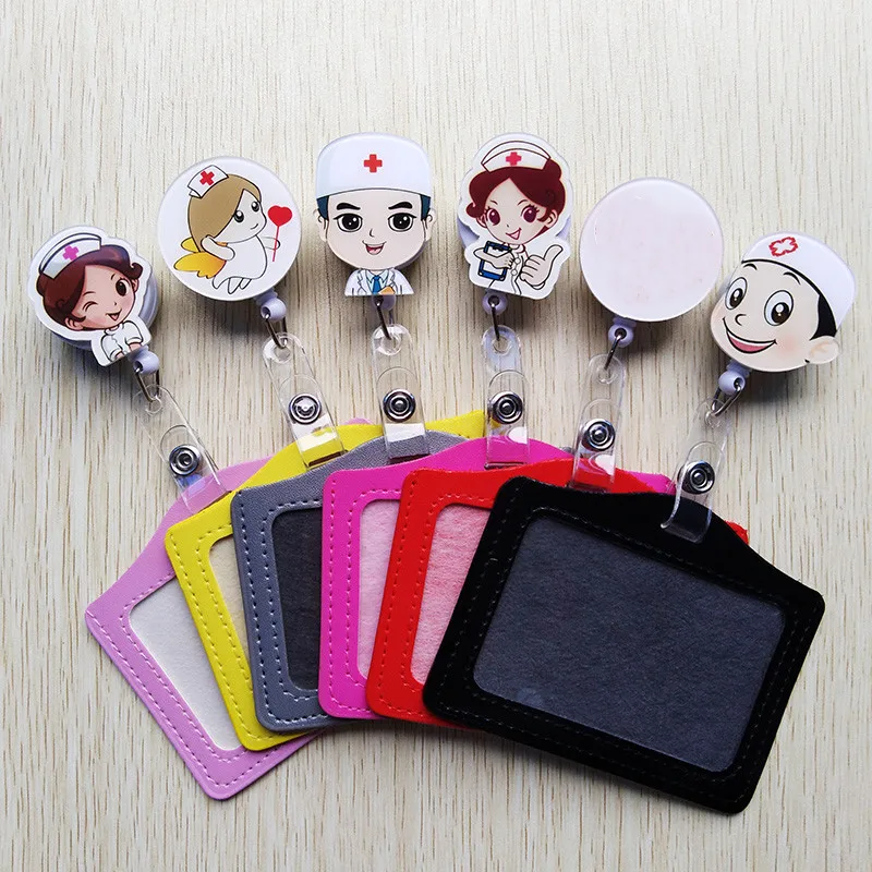 1set PU Leather Cartoon Badge Holder with Badge Reel Hospital Medical Workers Work Card Name Tag Card Holder for Nurses Doctors