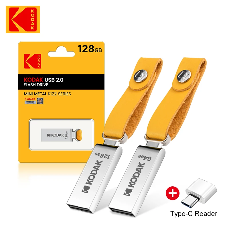 

10PCS KODAK K122 Metal USB Flash Drive 128GB 64GB 32GB Memory stick pen drive USB2.0 pendrive U Disk memoria Type-C adapter