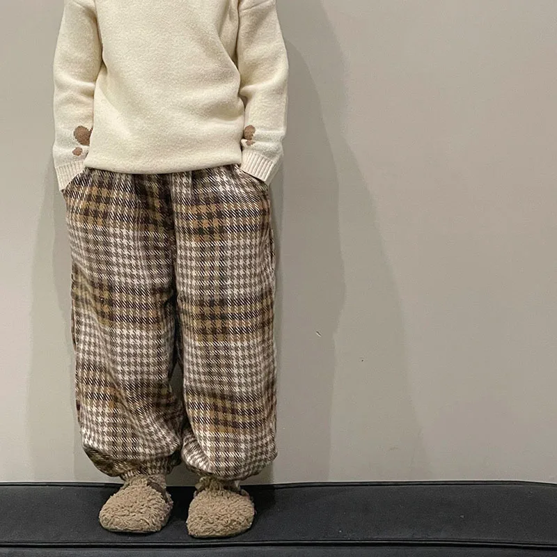 

Зимние детские брюки MILANCEL, Свободные флисовые брюки, теплые клетчатые шаровары для девочек