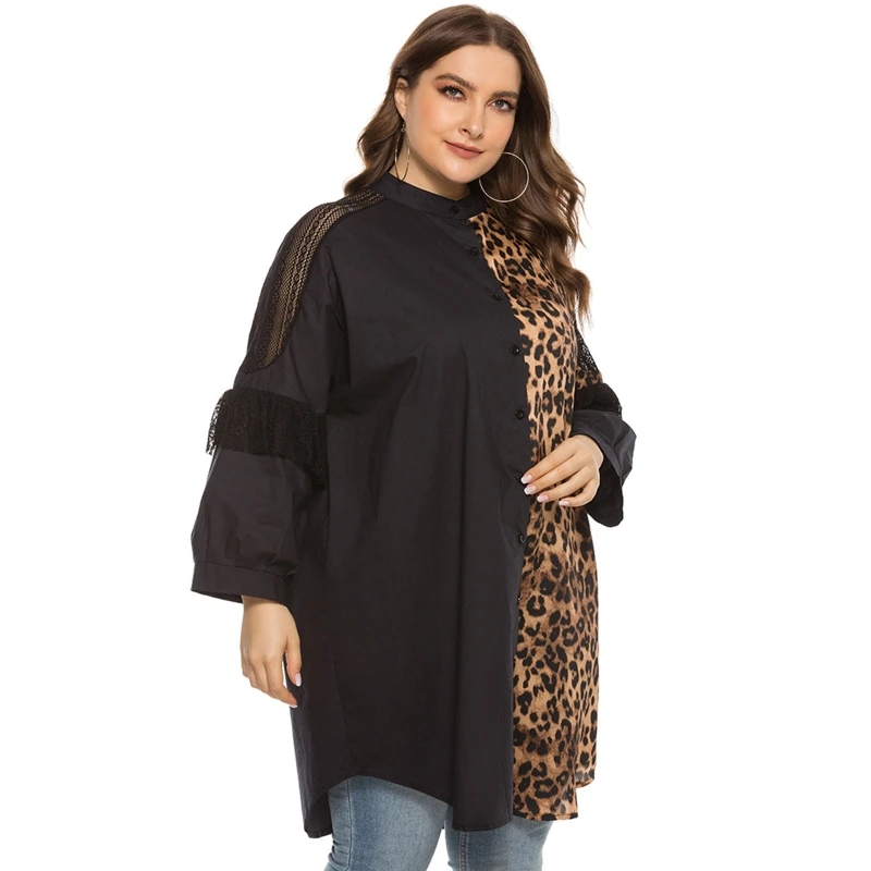 

Women Plus Size Lace Stitching Long Sleeve Colorblock Leopard Midi Shirt Dress Stand Collar Button Down Tunic Blouse