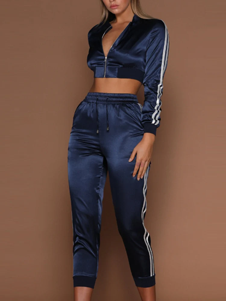 

Женский Модный облегающий спортивный комплект из двух предметов, короткая куртка на молнии с длинным рукавом и брюки, новый весенне-осенний...