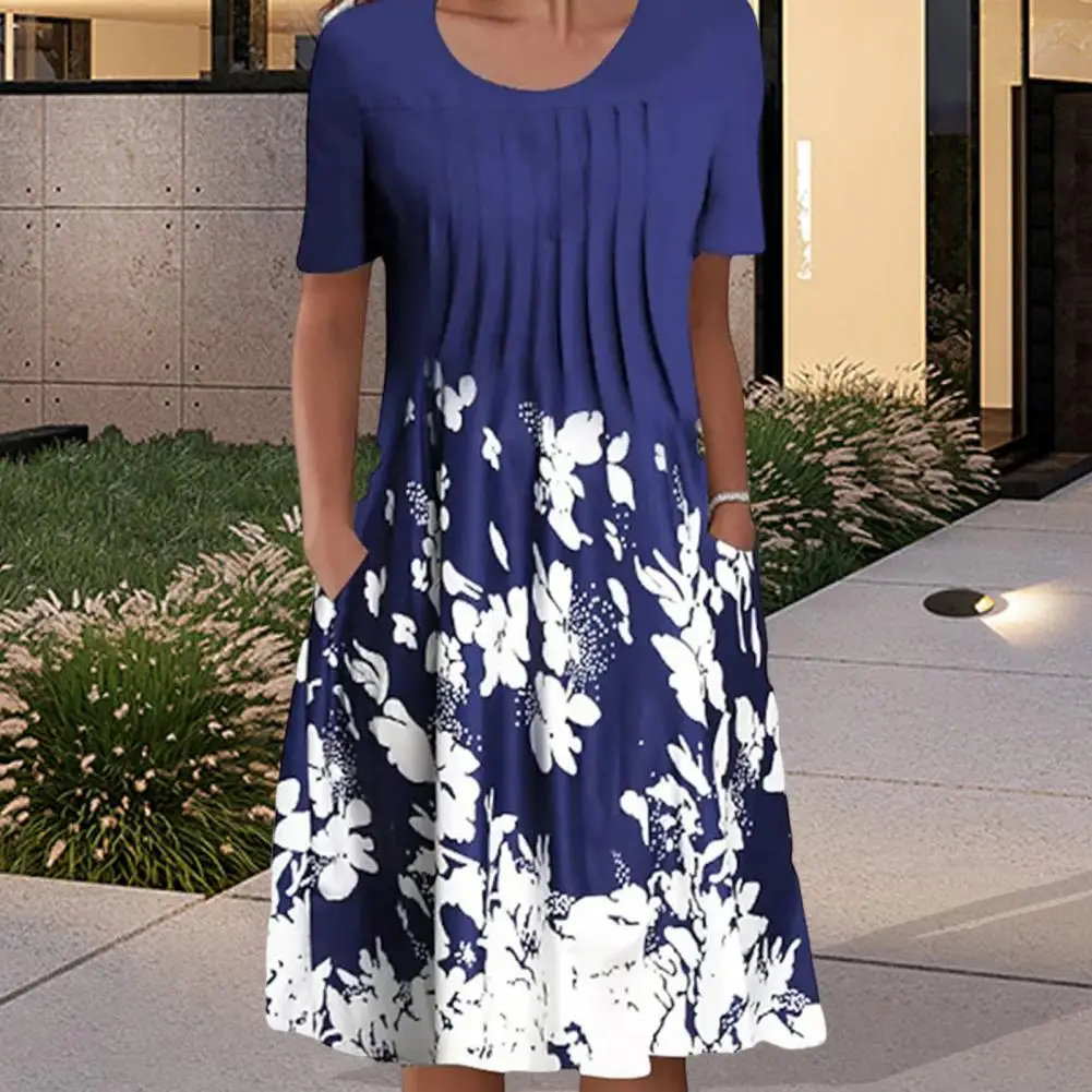

Women Dress Contrast Color O Neck Flower Print Summer Dress Dating Dress