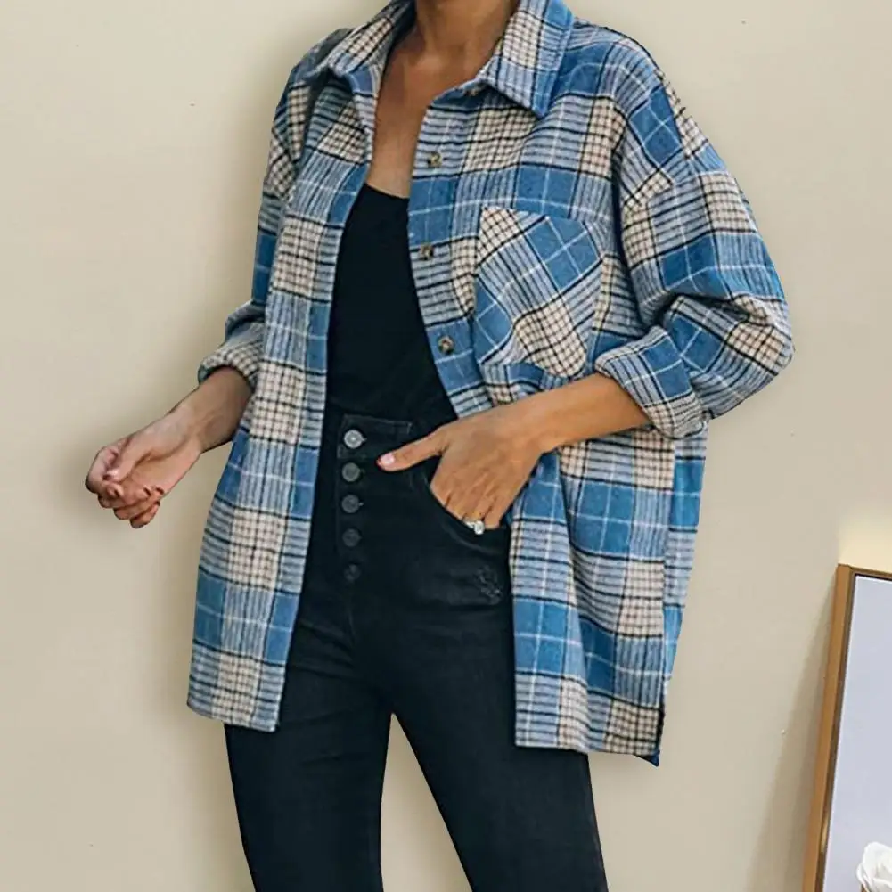 

Women Coat Single-breasted Patch Pockets Buttons Loose Type Comfortable Long Sleeves Cardigan Plaid Print Turn-down Collar Lady