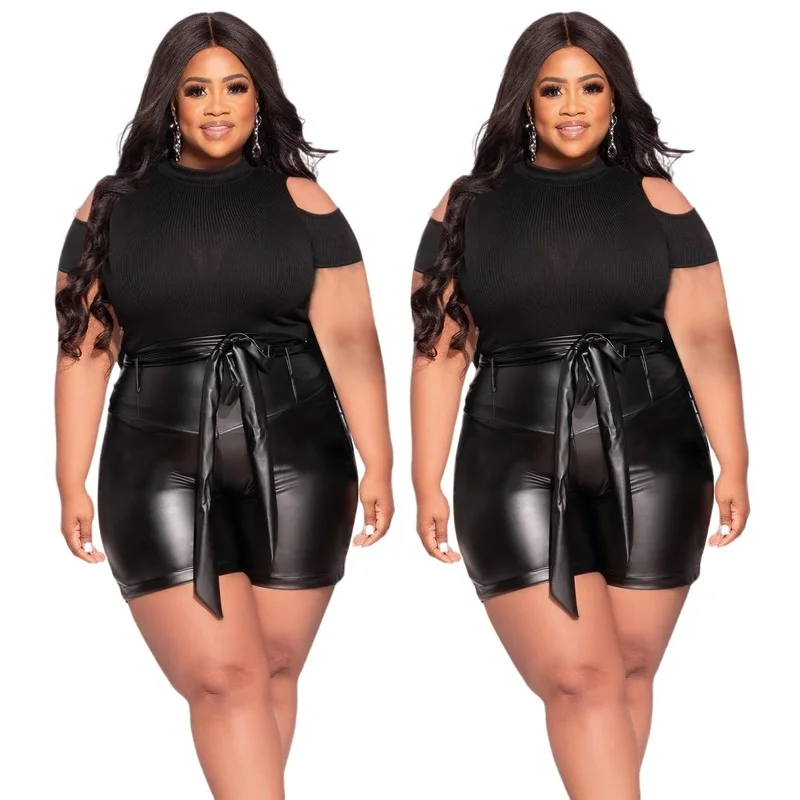 Plus Size Matching Sets Fashion Solid Off The Shoulder Top Short Sets Conjuntos Cortos Black Sexy Buttocks PU Leather Shorts Set