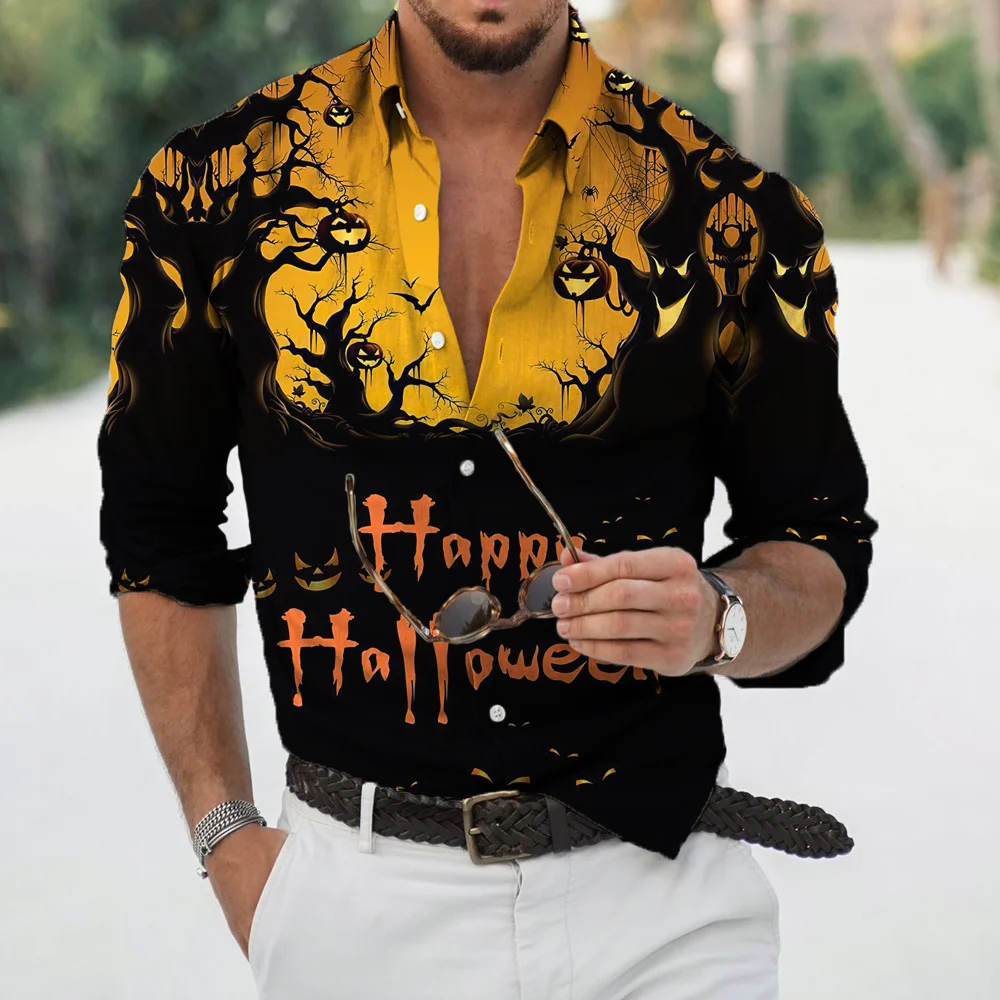Men's Shirts Halloween Pumpkin Lantern Print Spring Autumn Long Sleeve Shirts Fashion Hawaiian Shirts Oversized Clothing Camisa