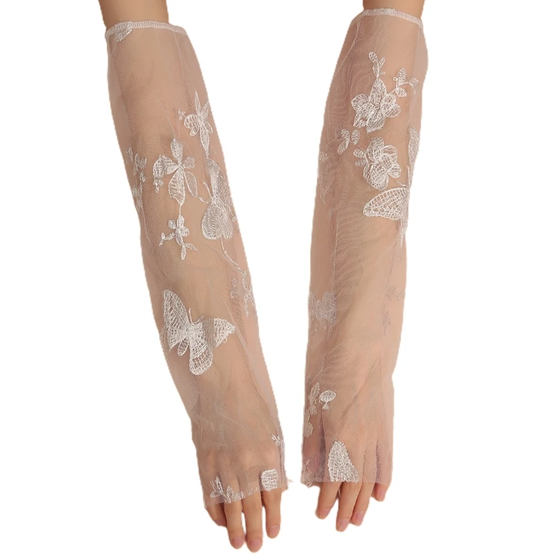 

Embroidery Butterfly Decor Elbow Length Gloves Elastic Uv Protection Sheer Glove