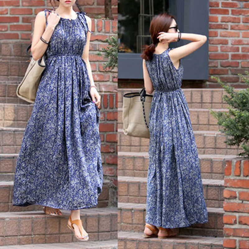 

2023 Summer Women Bohemian Long Dress Sleeveless Floral Print Boho Women Dress Elegant Slim O-neck Spaghetti Strap Beach Dress