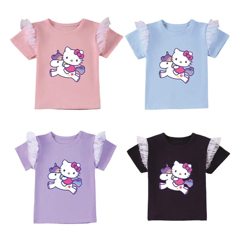 

2023 Summer New Hellokitty Children's Short-Sleeved T-Shirt Kawaii Anime Mymelody Kuromi Cinnamoroll Cartoon Print Cotton Top