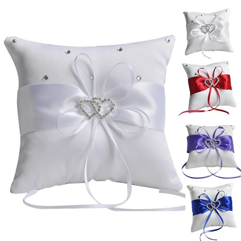 

Double Heart European Wedding Decor Ribbon Bowknot Rhinestones Handmade Satin Cushion White Red Blue Party Supplies