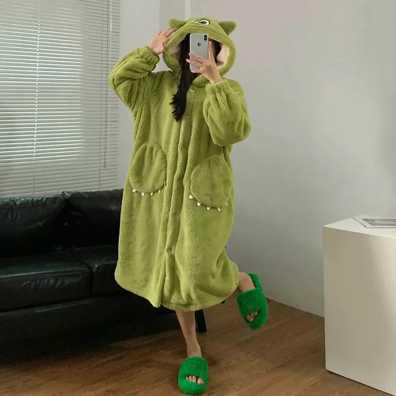 Winter Flannel Hooded Nightgowns For Women Warm Sleepwear Thick Anime Monster Cosplay Pajamas Long-sleeved Plus Size Nightdress