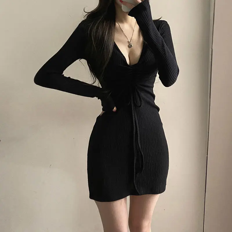 

Sexy Bodycon Knitted Mini Dress Women Black Long Sleeve Dresses V-Neck Spring Autumn Korean Fashion Club Female Robe